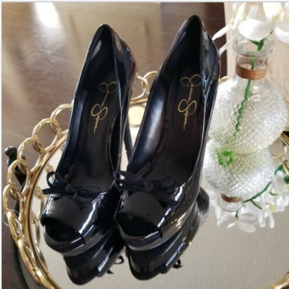 Jessica Simpson Size 8B Black Patent Leather Shoes peep toe bow - Picture 4 of 12